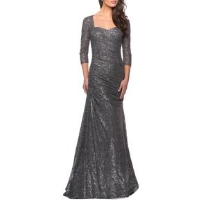 La Femme Gray Gunmetal Ruched Sequin Trumpet Gown NWT Size 2